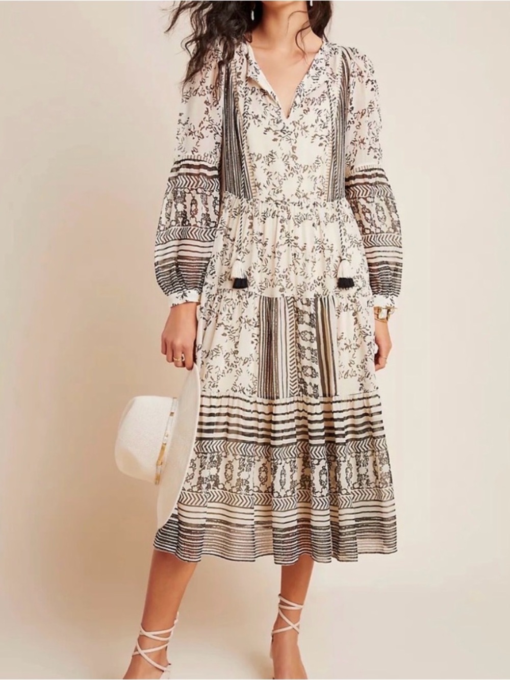 Anthropologie Cream and Black Printed Long-Sleeve Midi Dress